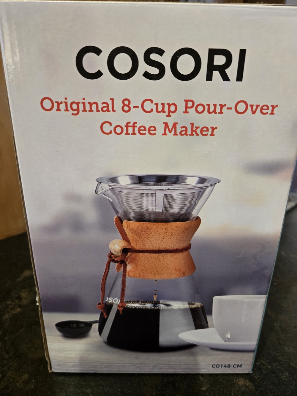 8-Cup Pour-Over Coffee Maker with Brown Wood Collar and Stainless Filter